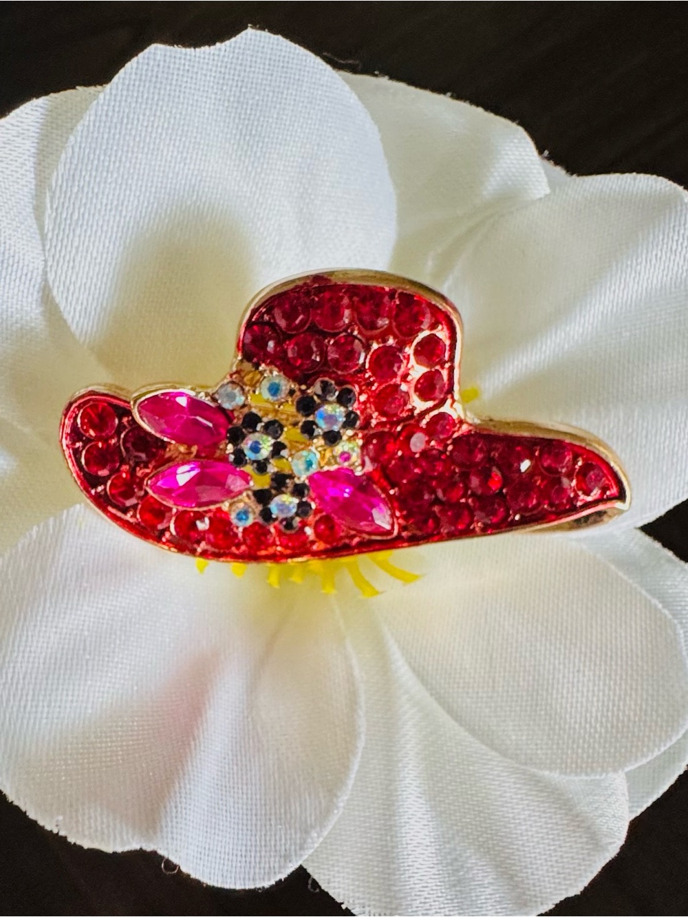 Red Crystal Hat Brooch with Pink Accents, Perfect for a Red Hat Lady 1.5”